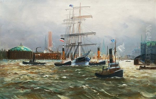 Three Master And Towboats In Hamburg - view 1