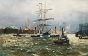 Three Master And Towboats In Hamburg by Alfred Serenius Jensen