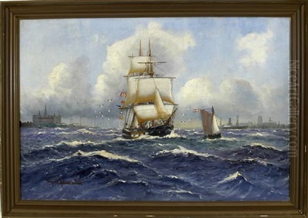 Dreimaster In Begleitung Eines Schwedischen Lotsenbootes Im Sund Von Helsingor Und Helsingborg - view 1