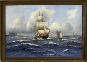 Dreimaster In Begleitung Eines Schwedischen Lotsenbootes Im Sund Von Helsingor Und Helsingborg