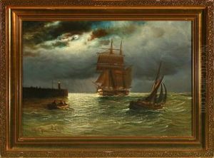 Seascape With Sailing Ship And Rowing Boat In The Moonlight by Alfred Serenius Jensen