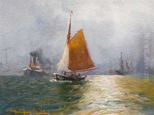 Kleiner Segler Vor Hafensilhouette by Alfred Serenius Jensen