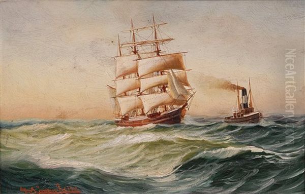Teilbesegelte Dreimastbark Und Schlepper - view 1