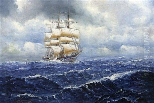Dreimast-vollschiff, Teibesegelt Auf Unruhiger See - view 1