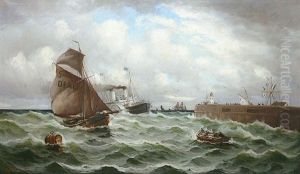 Raddampfer Bark Und Fischerboote Auf Unruhiger See Vor Der Kuste by Alfred Serenius Jensen