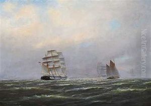 Marine Med Sejlskibe Ud For Montevideo by Alfred Serenius Jensen