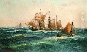 Dreimasttopsegelschoner "karen" Aus Svendborg Und Lotsenkutter Auf Bewegter See Dreimasttopsegelschoner "karen" Aus Svendborg Und Lotsenkutter Auf Bewegter See