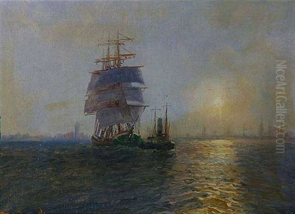 Segelschiff Mit Schlepper Vor Einer Hafenkulisse - view 1
