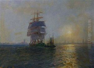 Segelschiff Mit Schlepper Vor Einer Hafenkulisse by Alfred Serenius Jensen