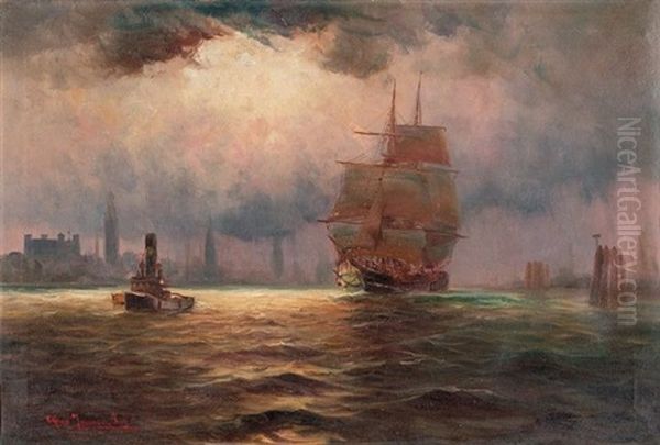Auslaufendes Segelschiff Mit Lotsenboot Abends Im Hamburger Hafen - view 1