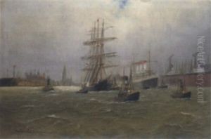 Blick In Den Hamburger Hafen Mit Dock Und Der "cap Polonio" by Alfred Serenius Jensen