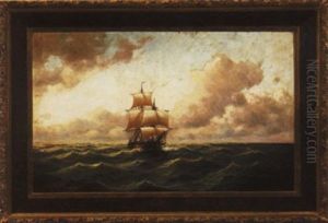 Three Masted Ship On The High Seas by Alfred Serenius Jensen