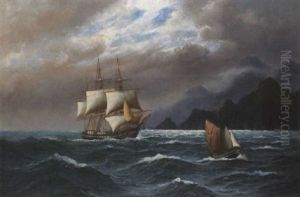 Vollschiff Mit Lotsenboot Vor Abendlicher Felsenkuste
