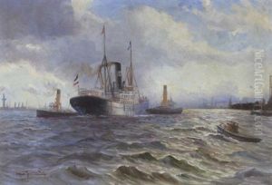 Dampfer Mit Lotsenbooten Bei Der Abendlichen Ausfahrt Aus Dem Hamburger Hafen