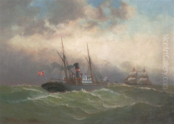 Danischer Dampfsegler ("daran") Und Vollschiff Unter Aufklarendem Himmel - view 1