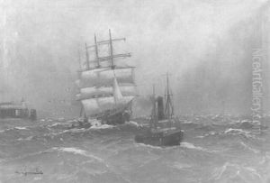Schlepper Mit Auslaufendem Viermaster by Alfred Serenius Jensen