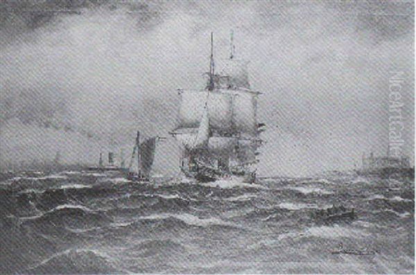 Segelschiff, Dampfer Und Boote Vor Helsingor - view 1