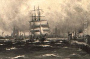 Segelfartyg I Hamninlopp, I Bakgrunden Stadssilhuett, Hamburg? by Alfred Serenius Jensen