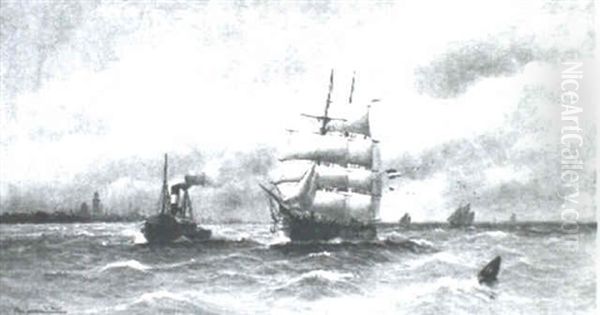 Masted Schooner And Tug In A Harbor - view 1