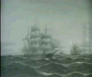 Deutsche Dreimastbark Un Danische Brigg Auf Hoher See by Alfred Serenius Jensen