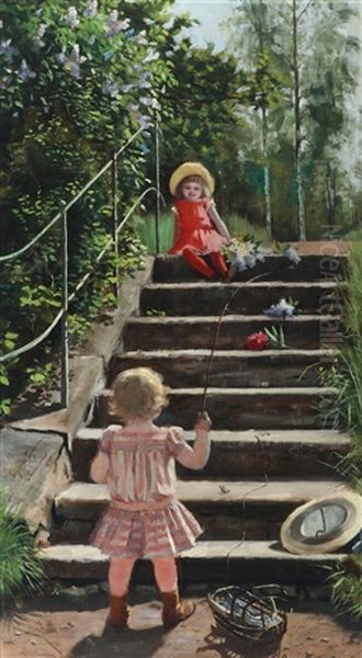 Two Small Girls Playing On A Stairway - view 1