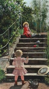Two Small Girls Playing On A Stairway