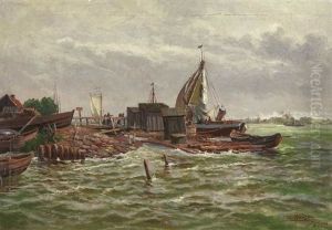 Segelboote Am Kai Eines Fischerdorfes Bei Aufziehendem Regen by Augusta Jensen