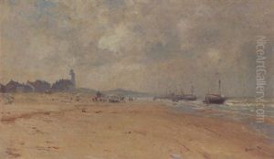 Kystparti Ved By Med Personer Og Bade Pa Stranden by C.M Soya Jensen