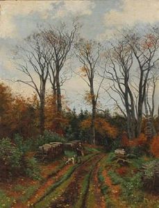 Forest Scene With Hunter And Dog by Carl Milton Jensen