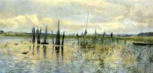 Fjordparti Med Siv Og Bundgarnspaele by Carl Milton Jensen