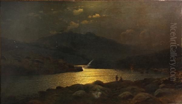 A Moonlit Lake Surrounded By Mountains With Two Figures In The Foreground - view 1