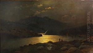 A Moonlit Lake Surrounded By Mountains With Two Figures In The Foreground