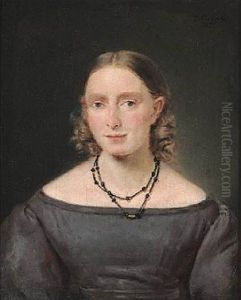 Portrait Of A Young Woman. Portrait Of Mrs. Scheel? Young Woman With Ash-blond Hair And Corkscrew Curls. Low-necked Blue-violet Dress. Necklace Made Of Small Pit Coal Pearls by Christian Albrecht Jensen