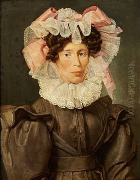 Portrait Of Anne Cathrine Mariager, Nee Schultz, (1800-1829), With A Big White Tulle Bonnet On Her Head, A Collar Around Her Neck And A Greyish Brown Dress - view 1