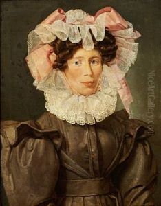 Portrait Of Anne Cathrine Mariager, Nee Schultz, (1800-1829), With A Big White Tulle Bonnet On Her Head, A Collar Around Her Neck And A Greyish Brown Dress