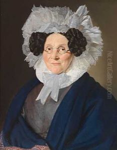 Portraet Af Anne Kirstine Riis En Gra Kjole Og Blat Sjal Samt En Hvid Blondekyse