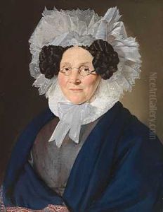 Portraet Af Anne Kirstine Riis Fodt Andresen Enke, Iklaedt En Gra Kjole Og Blat Sjal Samt En Hvid Blondekyse
