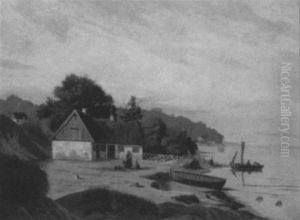 Figures In A Bay Shore Landscape With Cottage And Boats Figures In A Bay Shore Landscape With Cottage And Boats