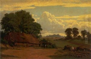 Sommerlandskab Med Figurer Ved Strataekt Lade Sommerlandskab Med Figurer Ved Strataekt Lade