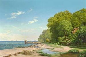 Nordsjaellandsk Kystparti Med Badehus Ved Stranden by Ellen Margrethe Jensen