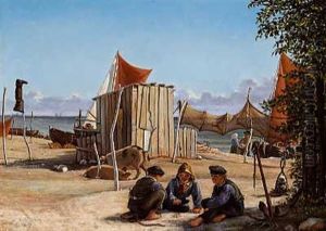 Sommerdag Pa Taarbaek Strand, I Forgrunden Tre Drenge, Der Spiller Et Spil Sommerdag Pa Taarbaek Strand, I Forgrunden Tre Drenge, Der Spiller Et Spil