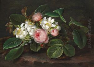 Still Life With Pink Roses And Fruit Branches In Bloom by Johan Laurentz Jensen