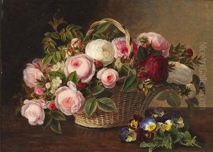 Dark Red, White And Pink Roses In A Basket On A Table by Johan Laurentz Jensen