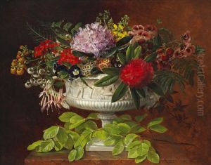 Still Life With Rhododendron And Fuchsia In A Centrepiece by Johan Laurentz Jensen