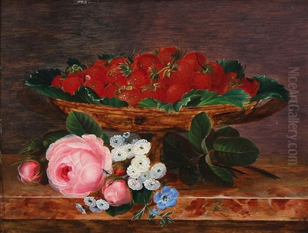 Still Life With Strawberries In A Bowl And Pink Roses On A Stone Sill - view 1