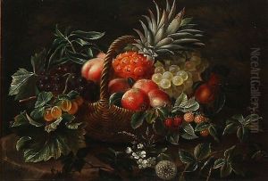 Still Life With Flowers And Fruit In A Basket by Johan Laurentz Jensen