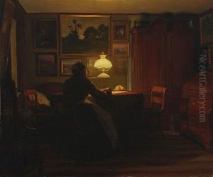 Interior With Woman Reading By Lamp Light by Karl Jensen