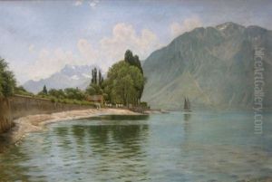 Parti Fra Lac De Geneve Naer Montreux-vevey, I Forgrunden Hus Og Mur, Pa Vandet Sejlbad, Sommer