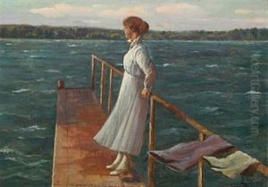 Young Woman In A White Dress On A Bathing Jetty Young Woman In A White Dress On A Bathing Jetty