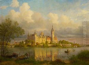 Schloss Schwerin Von Der Seeseite Aus Im Abendlicht
